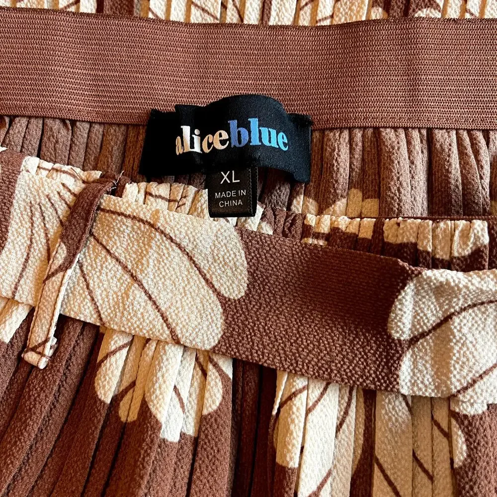 Alice Blue Boho Pleated Midi Skirt Brown Leaf Print Buckle Belt XL NWT